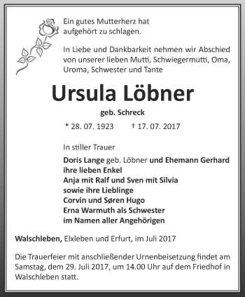 Traueranzeige von Ursula Löbner von Thüringer Allgemeine, Thüringische Landeszeitung