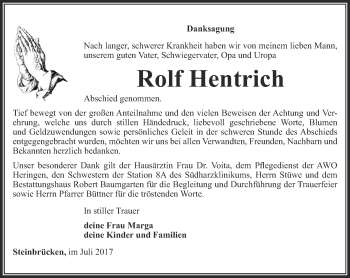 Traueranzeige von Rolf Hentrich von Thüringer Allgemeine