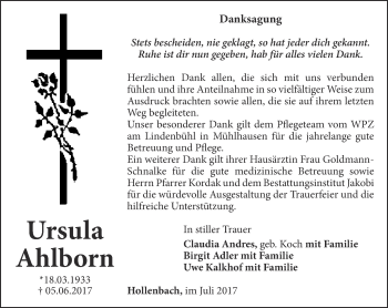 Traueranzeige von Ursula Ahlborn von Thüringer Allgemeine, Thüringische Landeszeitung