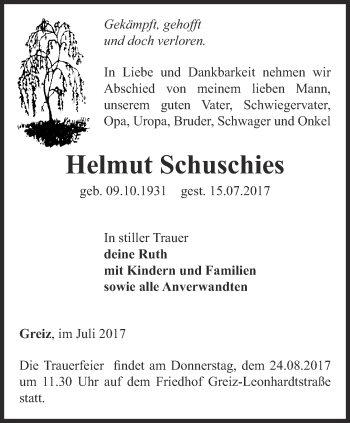 Traueranzeige von Helmut Schuschies