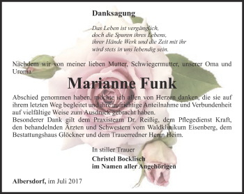 Traueranzeige von Marianne Funk von Ostthüringer Zeitung