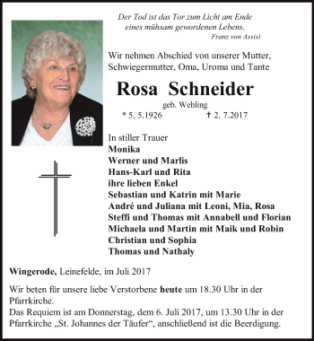 Traueranzeige von Rosa Schneider von Thüringer Allgemeine