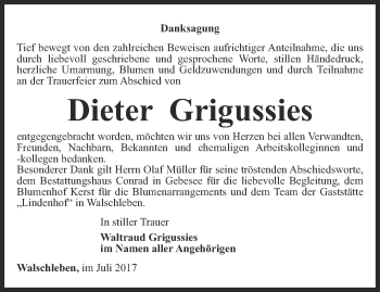 Traueranzeige von Dieter Grigussies von Thüringer Allgemeine, Thüringische Landeszeitung