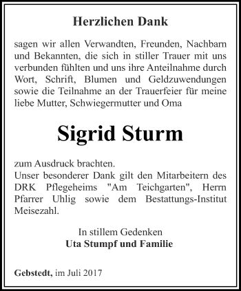 Traueranzeige von Sigrid Sturm von Thüringer Allgemeine, Thüringische Landeszeitung