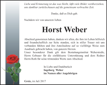 Traueranzeige von Horst Weber von Ostthüringer Zeitung