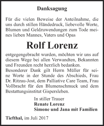 Traueranzeige von Rolf Lorenz von Thüringer Allgemeine, Thüringische Landeszeitung