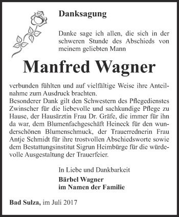 Traueranzeige von Manfred Wagner von Thüringer Allgemeine, Thüringische Landeszeitung