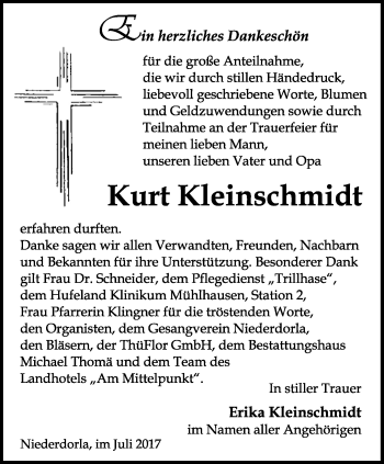 Traueranzeige von Kurt Kleinschmidt von Thüringer Allgemeine, Thüringische Landeszeitung
