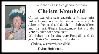 Traueranzeige von Christa Kranhold von Thüringer Allgemeine, Thüringische Landeszeitung