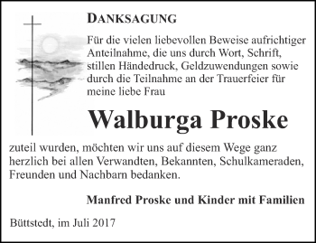 Traueranzeige von Walburga Proske von Thüringer Allgemeine, Thüringische Landeszeitung