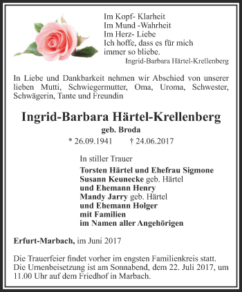 Traueranzeige von Ingrid-Barbara Härtel-Krellenberg von Thüringer Allgemeine, Thüringische Landeszeitung