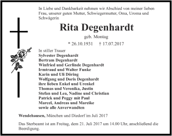 Traueranzeige von Rita Degenhardt von Thüringer Allgemeine, Thüringische Landeszeitung