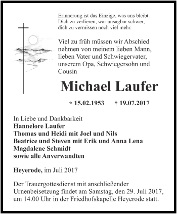 Traueranzeige von Michael Laufer von Thüringer Allgemeine, Thüringische Landeszeitung