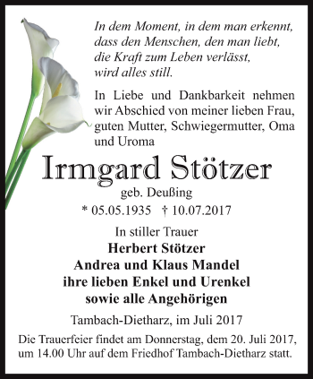 Traueranzeige von Irmgard Stötzer von Ostthüringer Zeitung, Thüringische Landeszeitung