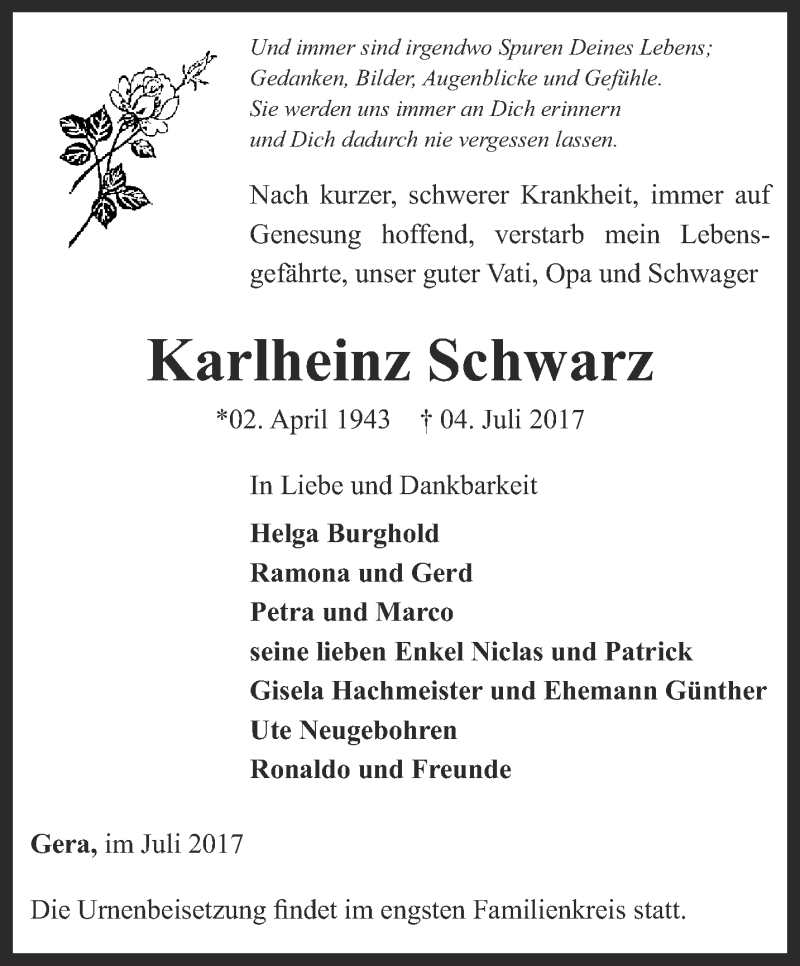  Traueranzeige für Karlheinz Schwarz vom 08.07.2017 aus Ostthüringer Zeitung