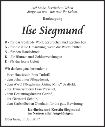 Traueranzeige von Ilse Siegmund von Ostthüringer Zeitung