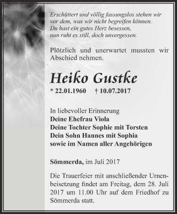 Traueranzeige von Heiko Gustke von Thüringer Allgemeine