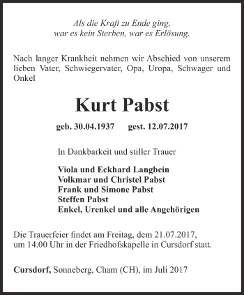 Traueranzeige von Kurt Pabst von Ostthüringer Zeitung, Thüringische Landeszeitung