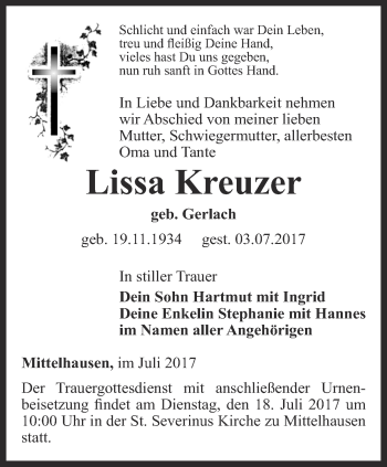 Traueranzeige von Lissa Kreuzer von Thüringer Allgemeine, Thüringische Landeszeitung