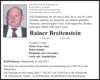 Traueranzeige von Rainer Breitenstein von Thüringer Allgemeine