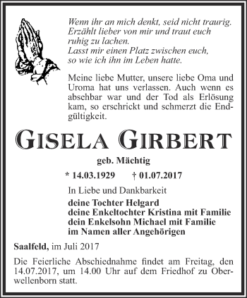 Traueranzeige von Gisela Girbert