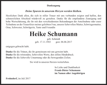 Traueranzeige von Heike Schumann von Thüringer Allgemeine