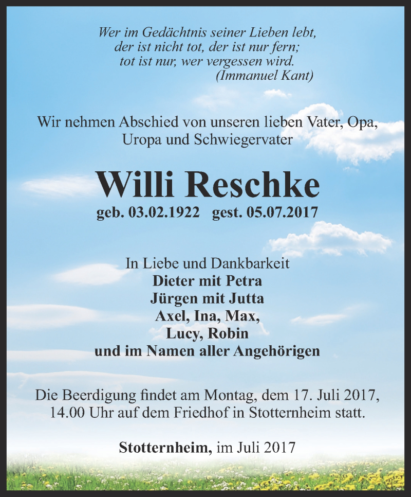  Traueranzeige für Willi Reschke vom 13.07.2017 aus Thüringer Allgemeine, Thüringische Landeszeitung