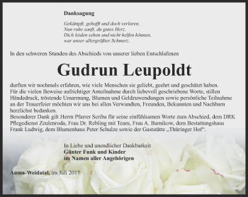 Traueranzeige von Gudrun Leupoldt von Ostthüringer Zeitung