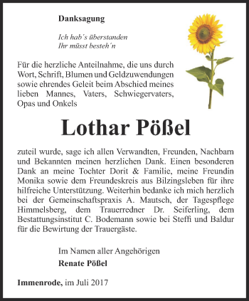 Traueranzeige von Lothar Pößel von Thüringer Allgemeine