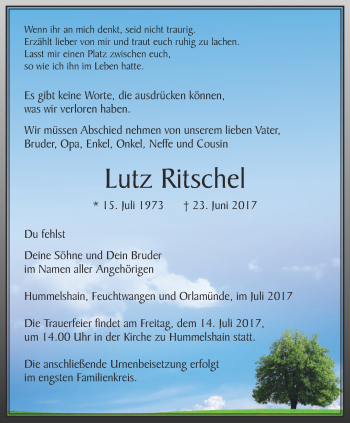 Traueranzeige von Lutz Ritschel von Ostthüringer Zeitung, Thüringische Landeszeitung