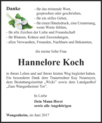 Traueranzeige von Hannelore Koch von Ostthüringer Zeitung, Thüringische Landeszeitung