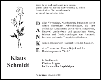 Traueranzeige von Klaus Schmidt von Ostthüringer Zeitung