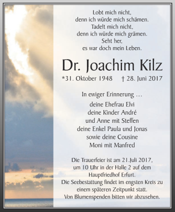 Traueranzeige von Joachim Kilz von Thüringer Allgemeine, Thüringische Landeszeitung