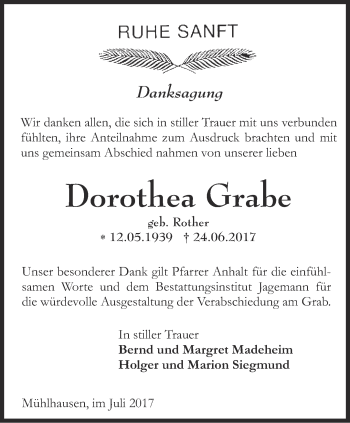 Traueranzeige von Dorothea Grabe von Thüringer Allgemeine, Thüringische Landeszeitung