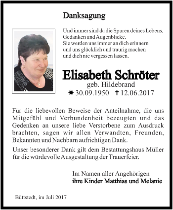 Traueranzeige von Elisabeth Schröter von Thüringer Allgemeine