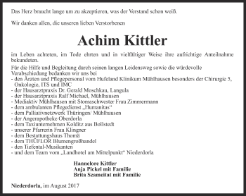 Traueranzeige von Achim Kittler von Thüringer Allgemeine, Thüringische Landeszeitung