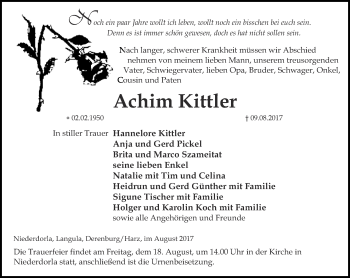 Traueranzeige von Achim Kittler von Thüringer Allgemeine, Thüringische Landeszeitung