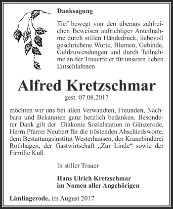 Traueranzeige von Alfed Kretzschmar von Thüringer Allgemeine