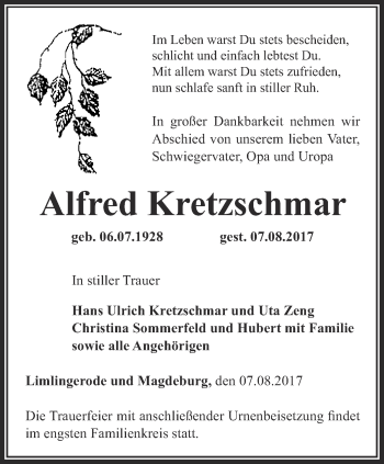 Traueranzeige von Alfred Kretzschmar von Thüringer Allgemeine