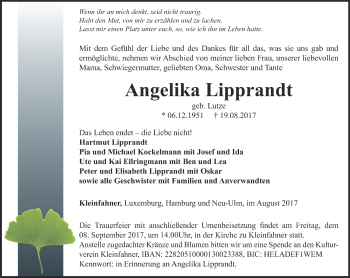 Traueranzeige von Angelika Lipprandt von Thüringer Allgemeine, Thüringische Landeszeitung