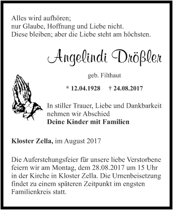 Traueranzeige von Angelindi Drößler von Thüringer Allgemeine