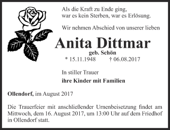 Traueranzeige von Anita Dittmar von Thüringer Allgemeine, Thüringische Landeszeitung