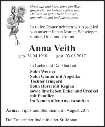 Traueranzeige von Anna Veith von Ostthüringer Zeitung