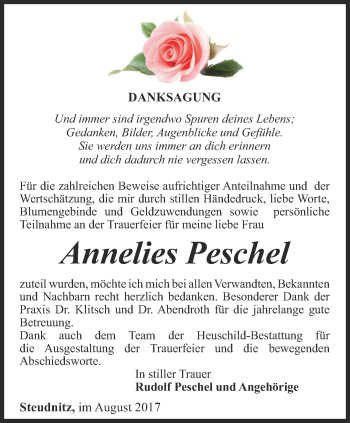 Traueranzeige von Annelies Peschel von Ostthüringer Zeitung, Thüringische Landeszeitung