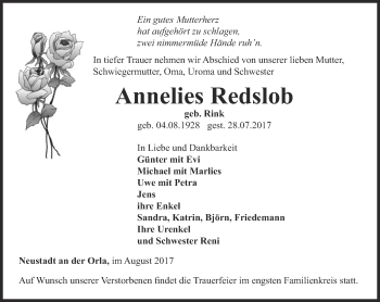 Traueranzeige von Annelies Redslob