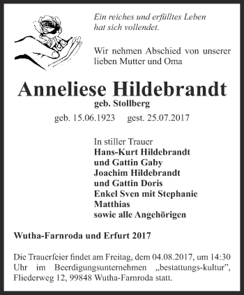 Traueranzeige von Anneliese Hildebrandt von Thüringer Allgemeine, Thüringische Landeszeitung