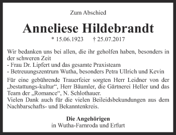 Traueranzeige von Anneliese Hildebrandt von Thüringer Allgemeine, Thüringische Landeszeitung