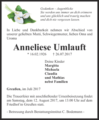 Traueranzeige von Anneliese Umlauft von Thüringer Allgemeine