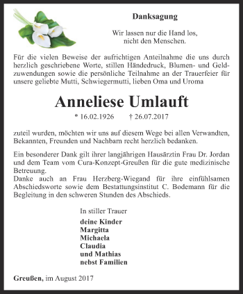 Traueranzeige von Anneliese Umlauft von Thüringer Allgemeine