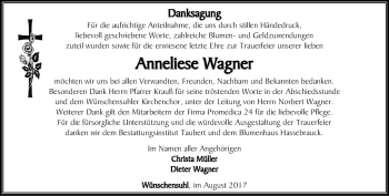 Traueranzeige von Anneliese Wagner von Thüringer Allgemeine, Thüringische Landeszeitung